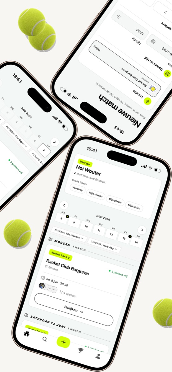 Drie schermen: de feed en een nieuwe match aanmaken