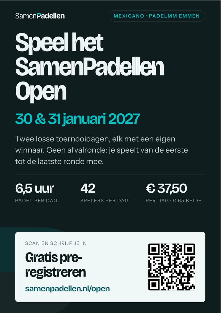 Deelnemersposter SamenPadellen Open 2027: 30 en 31 januari bij PadelMM in Emmen