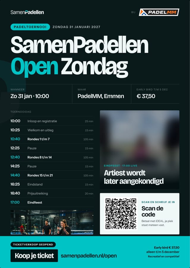 Toernooiposter SamenPadellen Open Zondag, 31 januari 2027 bij PadelMM in Emmen, met het dagprogramma